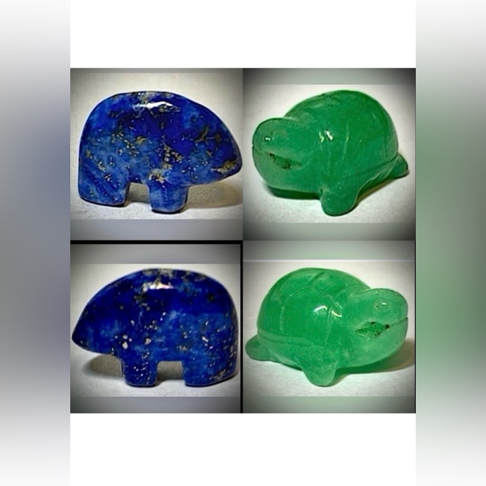 Vintage miniatures Zuni Fetish Lapis Lazuli Bear & Fluorite Carved Sea Turtle